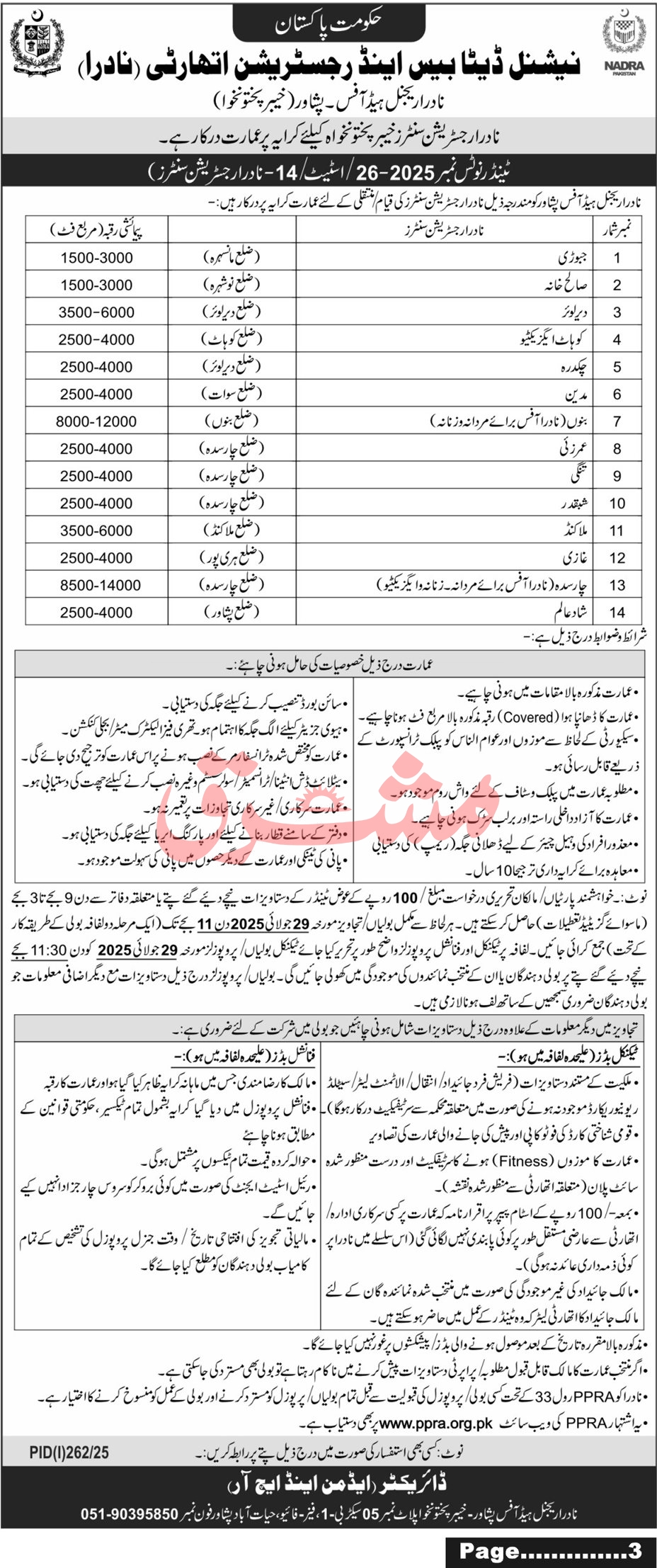 NADRA Peshawar Tender Notice